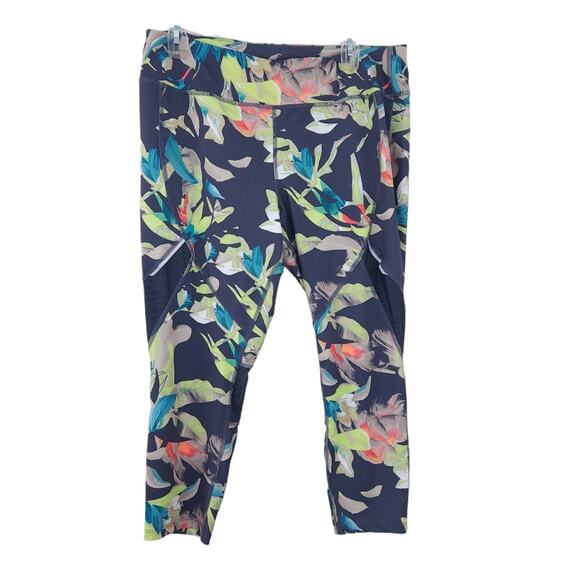 Avia Capri Leggings Large 12-14 Tropical Floral Jungle Athletic Pant Mesh Insert - Picture 1 of 4